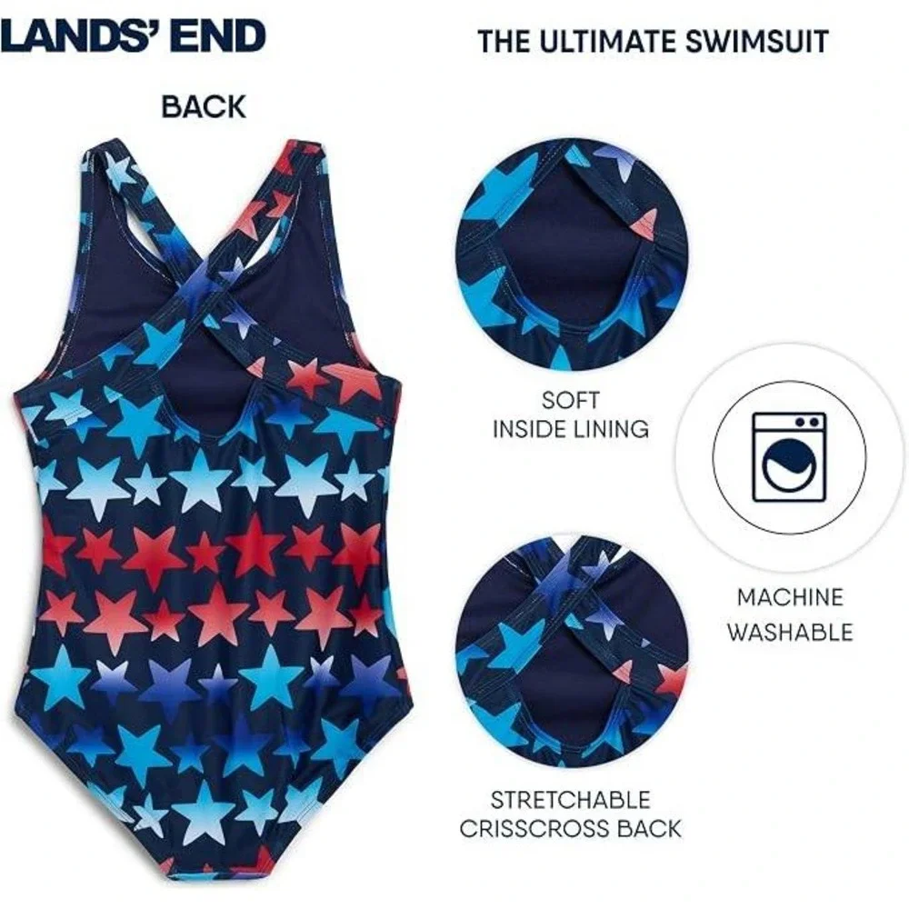 Lands End Girls Star Print One Piece Swimsuit Red Blue White Size M 8 UPF 50+